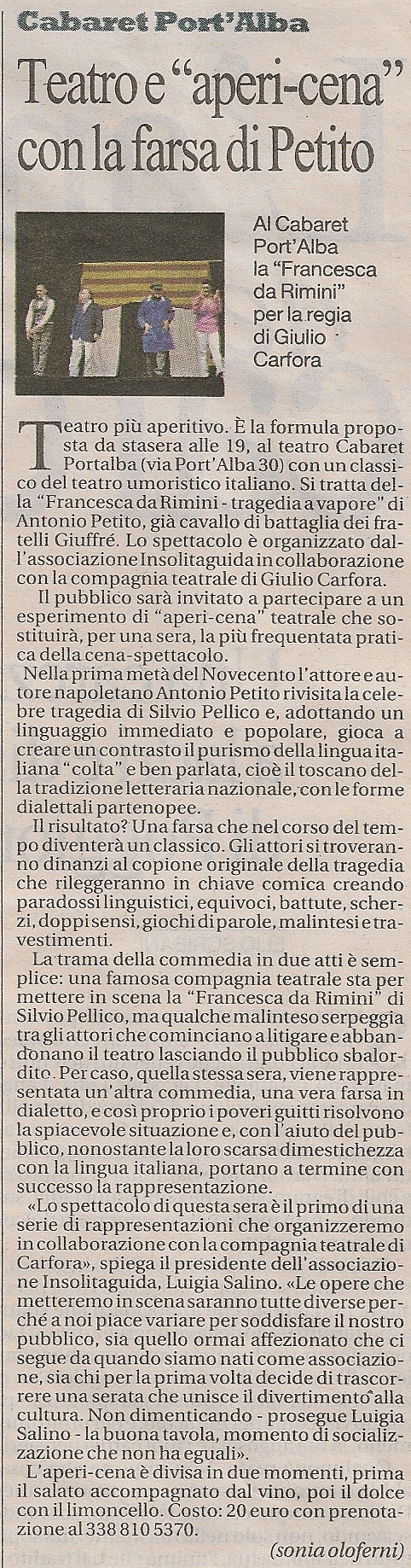 Teatro e aperitvo con la "farsa" di Petito